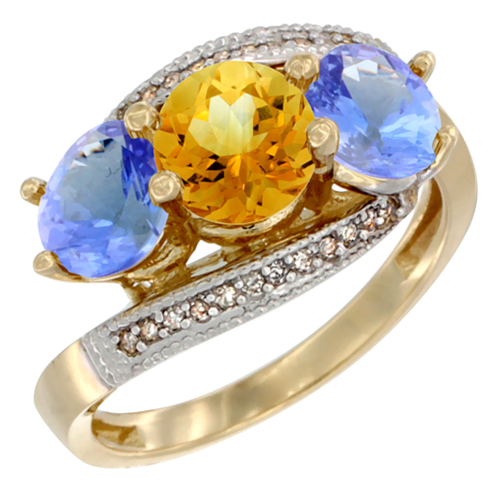 10K Yellow Gold Natural Citrine & Tanzanite Sides 3 stone Ring Round 6mm Diamond Accent, sizes 5 - 10