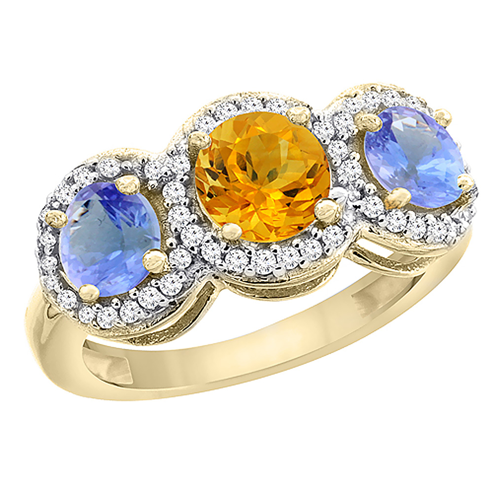 10K Yellow Gold Natural Citrine &amp; Tanzanite Sides Round 3-stone Ring Diamond Accents, sizes 5 - 10