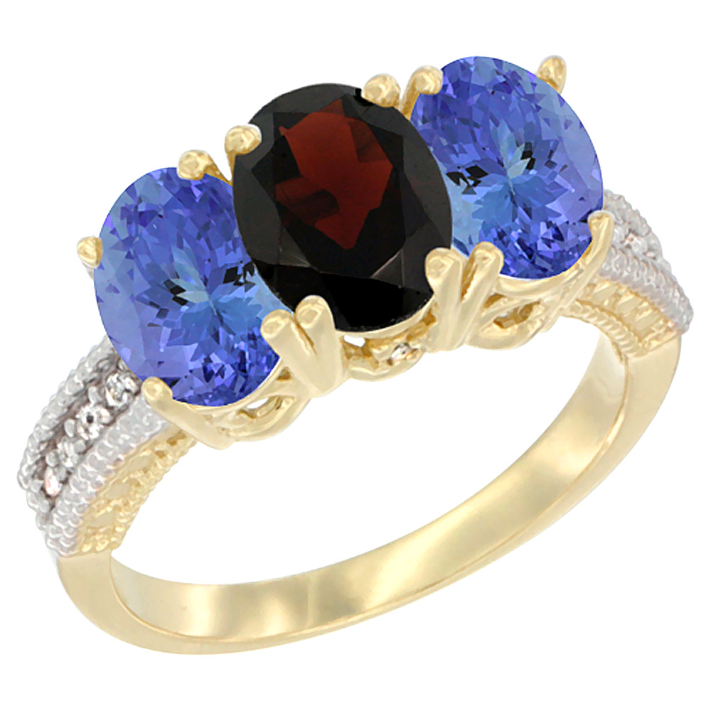 14K Yellow Gold Natural Garnet Ring with Tanzanite 3-Stone 7x5 mm Oval Diamond Accent, sizes 5 - 10