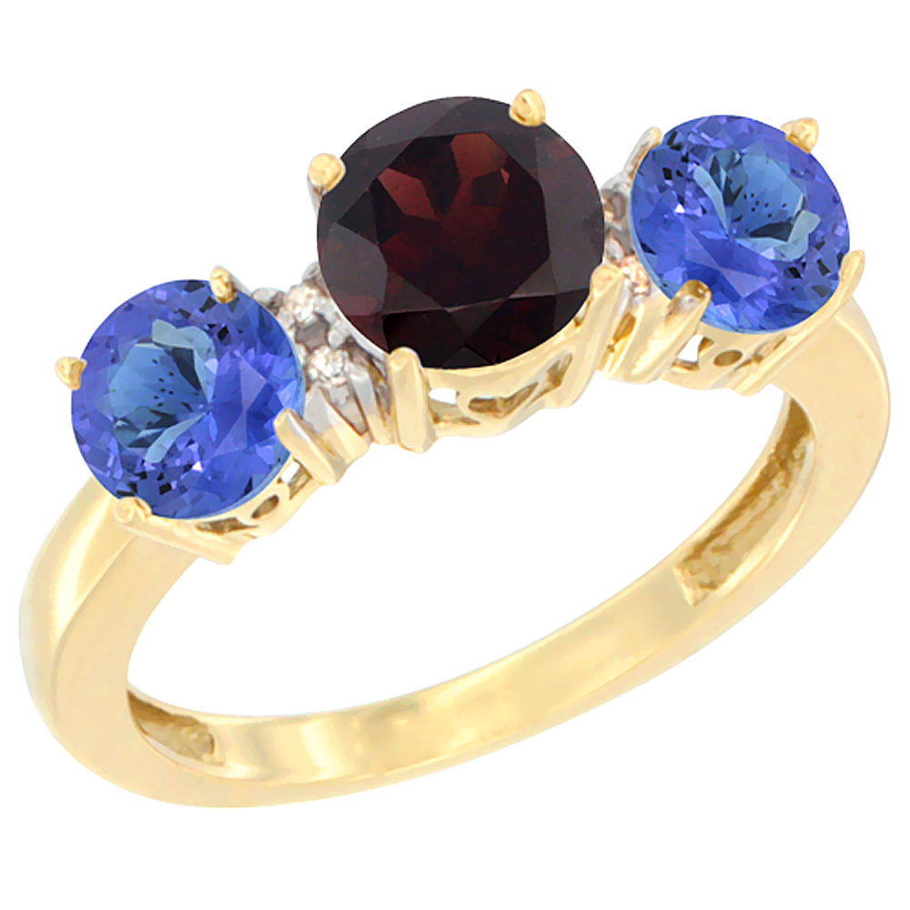 10K Yellow Gold Round 3-Stone Natural Garnet Ring & Tanzanite Sides Diamond Accent, sizes 5 - 10