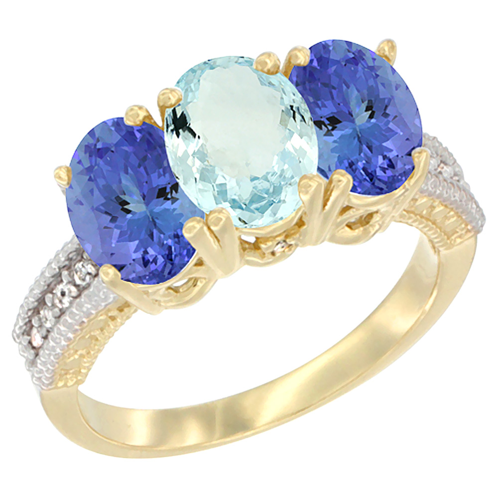 14K Yellow Gold Natural Aquamarine Ring with Tanzanite 3-Stone 7x5 mm Oval Diamond Accent, sizes 5 - 10