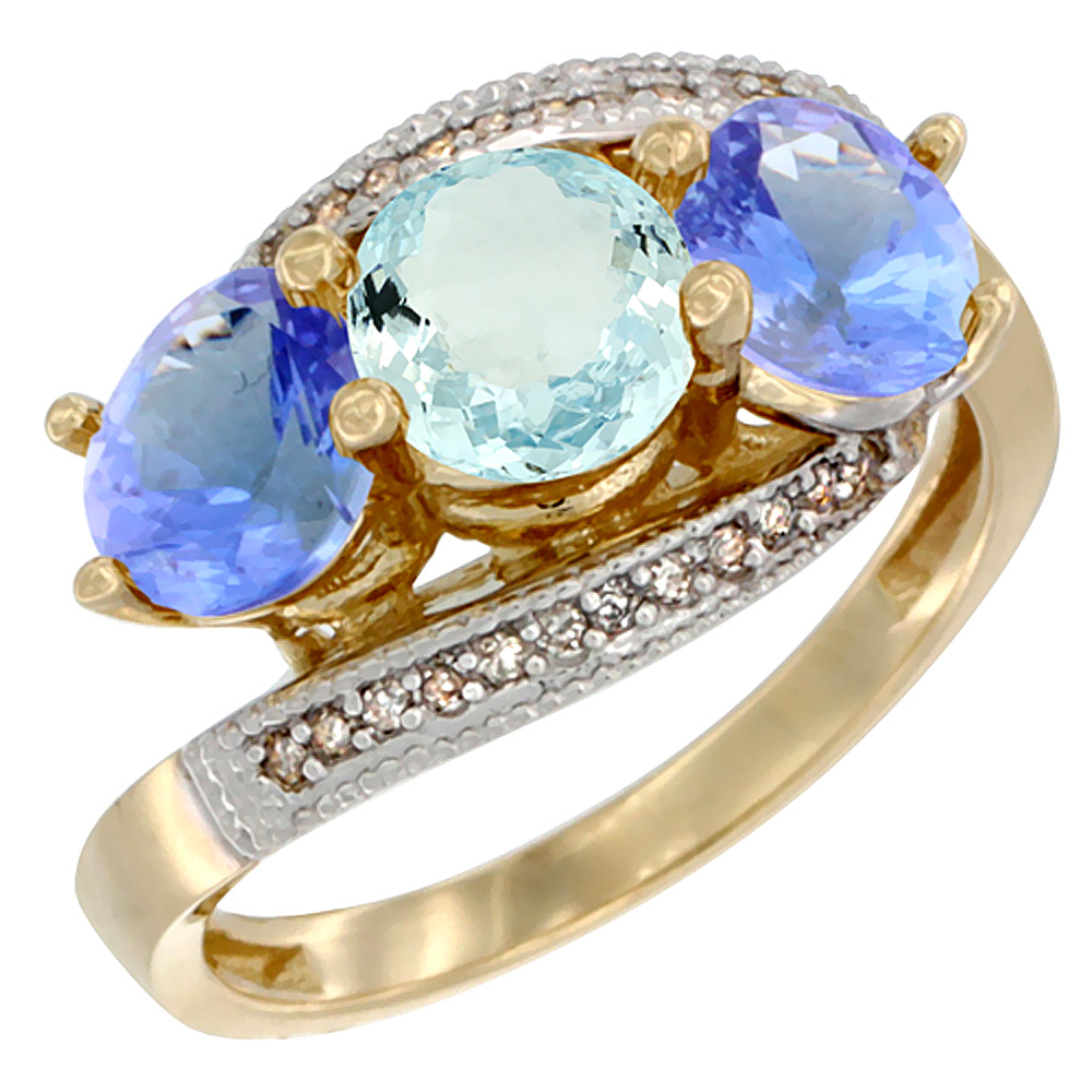 10K Yellow Gold Natural Aquamarine & Tanzanite Sides 3 stone Ring Round 6mm Diamond Accent, sizes 5 - 10