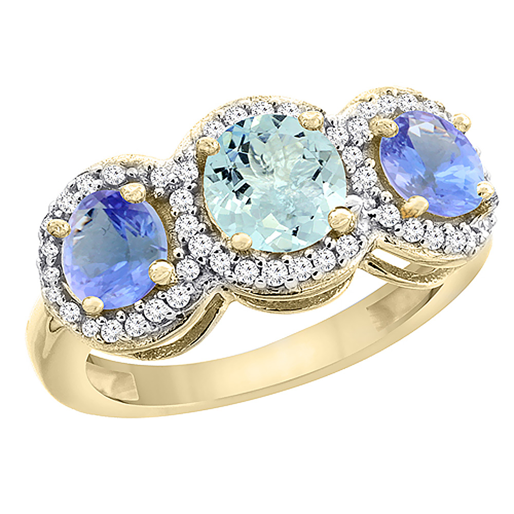 14K Yellow Gold Natural Aquamarine &amp; Tanzanite Sides Round 3-stone Ring Diamond Accents, sizes 5 - 10