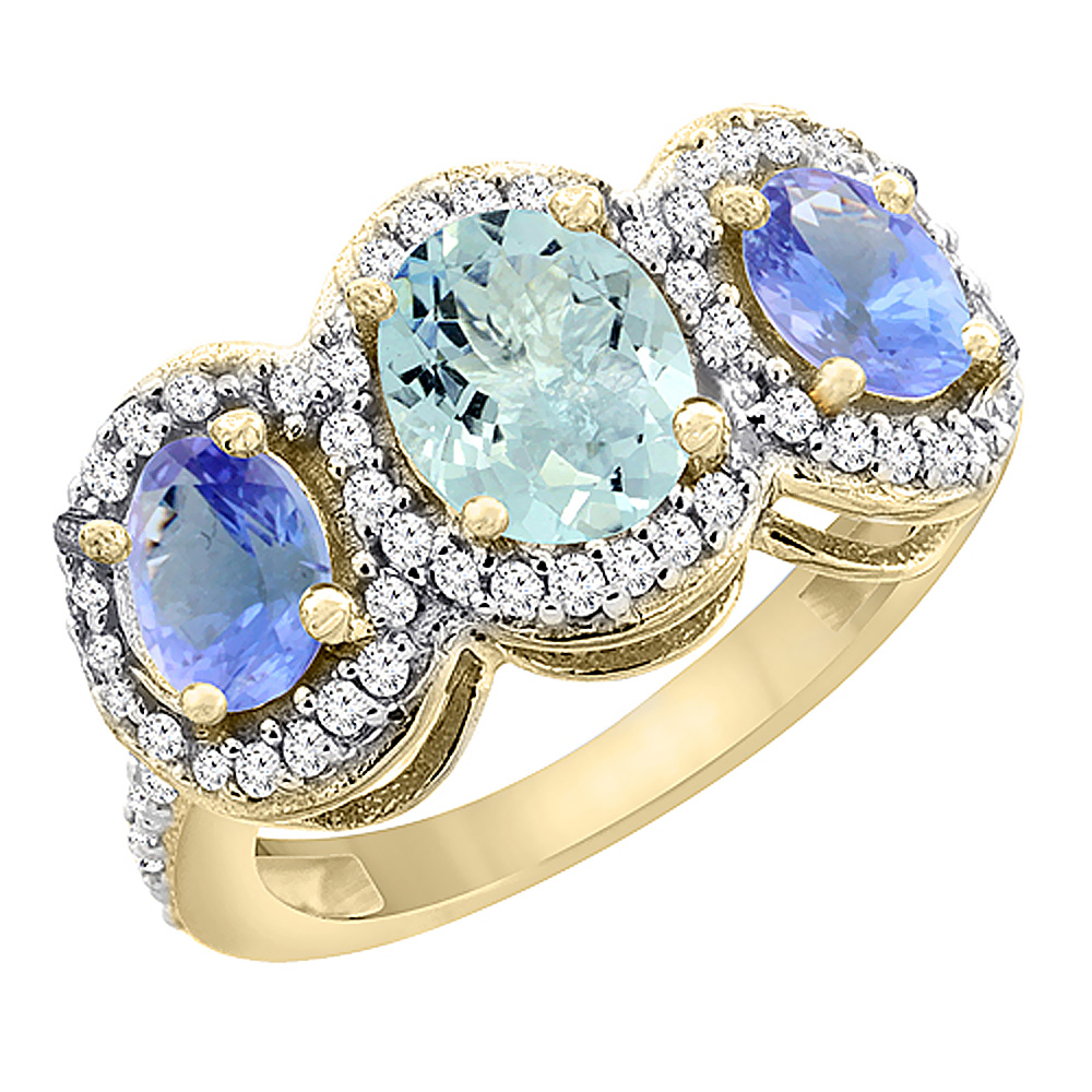 10K Yellow Gold Natural Aquamarine & Tanzanite 3-Stone Ring Oval Diamond Accent, sizes 5 - 10