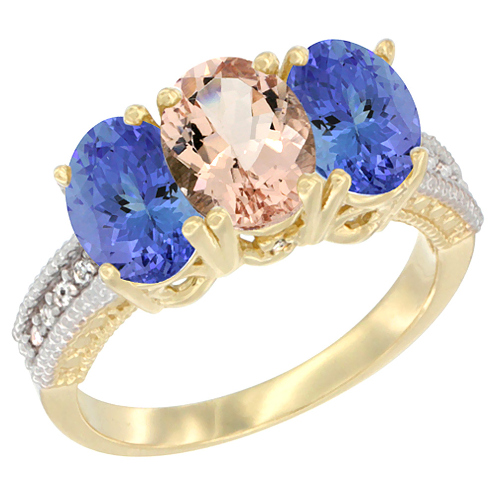 14K Yellow Gold Natural Morganite Ring with Tanzanite 3-Stone 7x5 mm Oval Diamond Accent, sizes 5 - 10