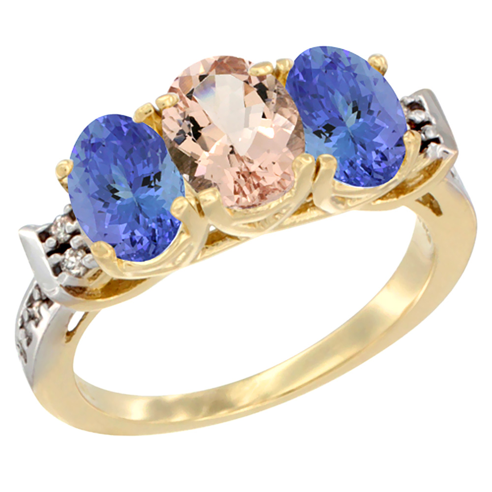 10K Yellow Gold Natural Morganite &amp; Tanzanite Sides Ring 3-Stone Oval 7x5 mm Diamond Accent, sizes 5 - 10