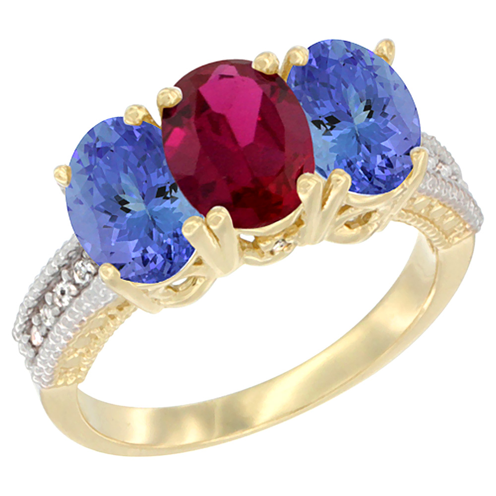10K Yellow Gold Diamond Enhanced Ruby &amp; Natural Tanzanite Ring 3-Stone 7x5 mm Oval, sizes 5 - 10