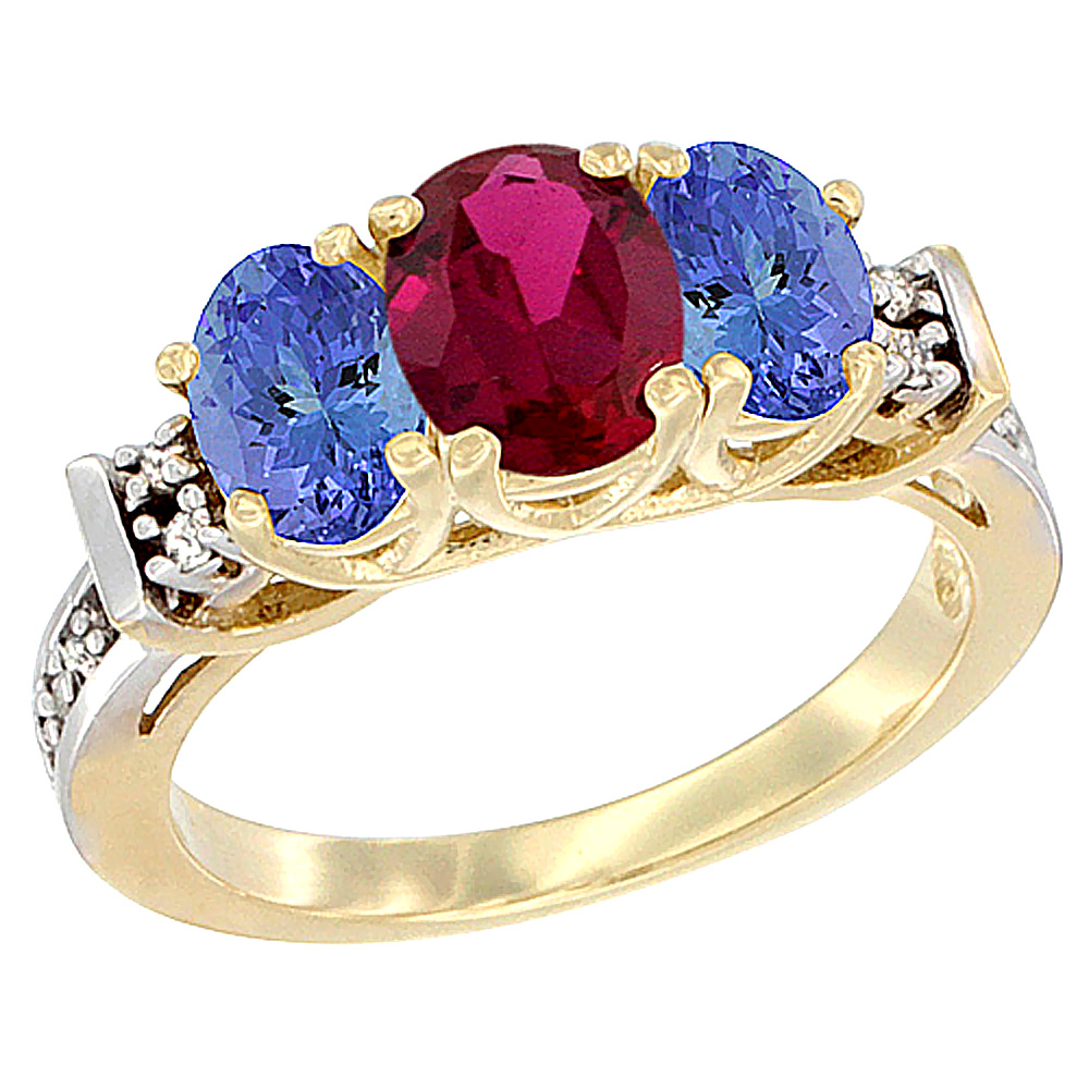 14K Yellow Gold Enhanced Ruby & Natural Tanzanite Ring 3-Stone Oval Diamond Accent