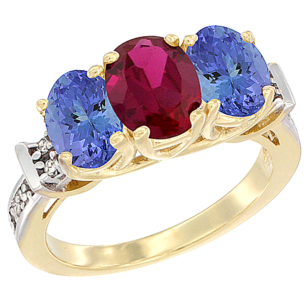 10K Yellow Gold Enhanced Ruby & Tanzanite Sides Ring 3-Stone Oval Diamond Accent, sizes 5 - 10