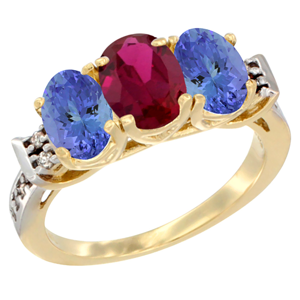 14K Yellow Gold Enhanced Ruby &amp; Natural Tanzanite Ring 3-Stone 7x5 mm Oval Diamond Accent, sizes 5 - 10