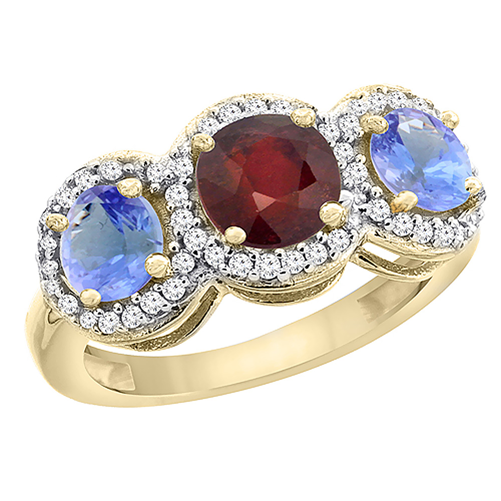 14K Yellow Gold Enhanced Ruby &amp; Tanzanite Sides Round 3-stone Ring Diamond Accents, sizes 5 - 10