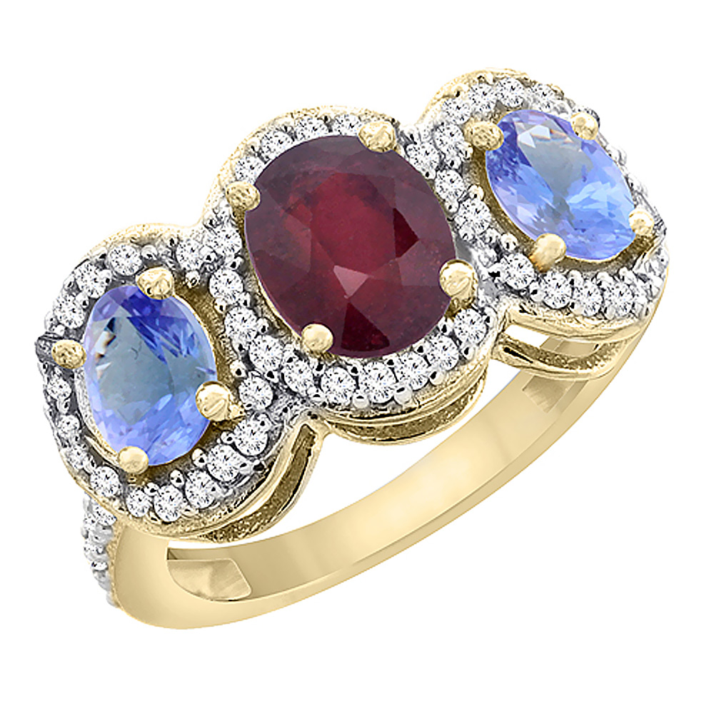 14K Yellow Gold Natural Quality Ruby & Tanzanite 3-stone Mothers Ring Oval Diamond Accent, size 5 - 10