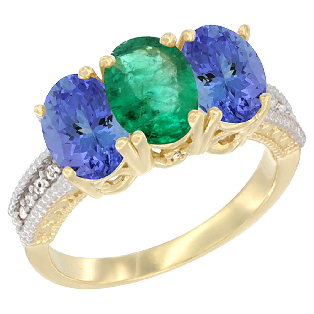 14K Yellow Gold Natural Emerald Ring with Tanzanite 3-Stone 7x5 mm Oval Diamond Accent, sizes 5 - 10