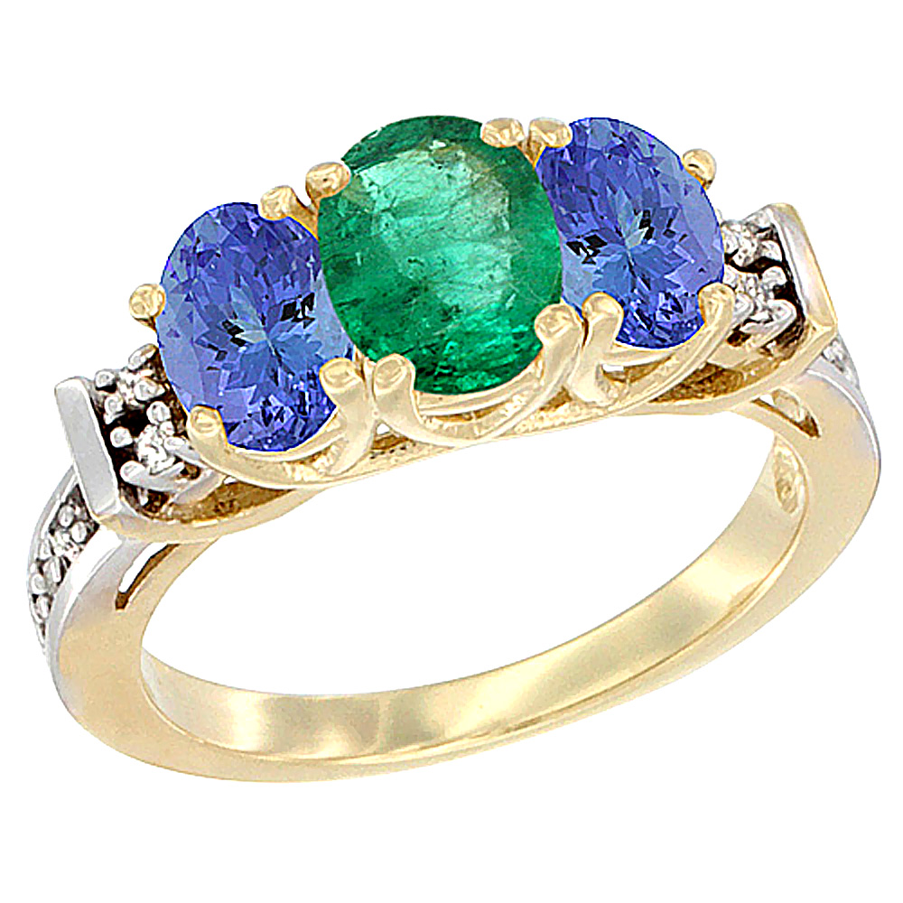 10K Yellow Gold Natural Emerald &amp; Tanzanite Ring 3-Stone Oval Diamond Accent