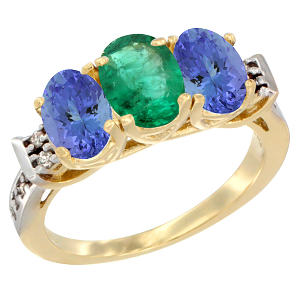 10K Yellow Gold Natural Emerald & Tanzanite Sides Ring 3-Stone Oval 7x5 mm Diamond Accent, sizes 5 - 10