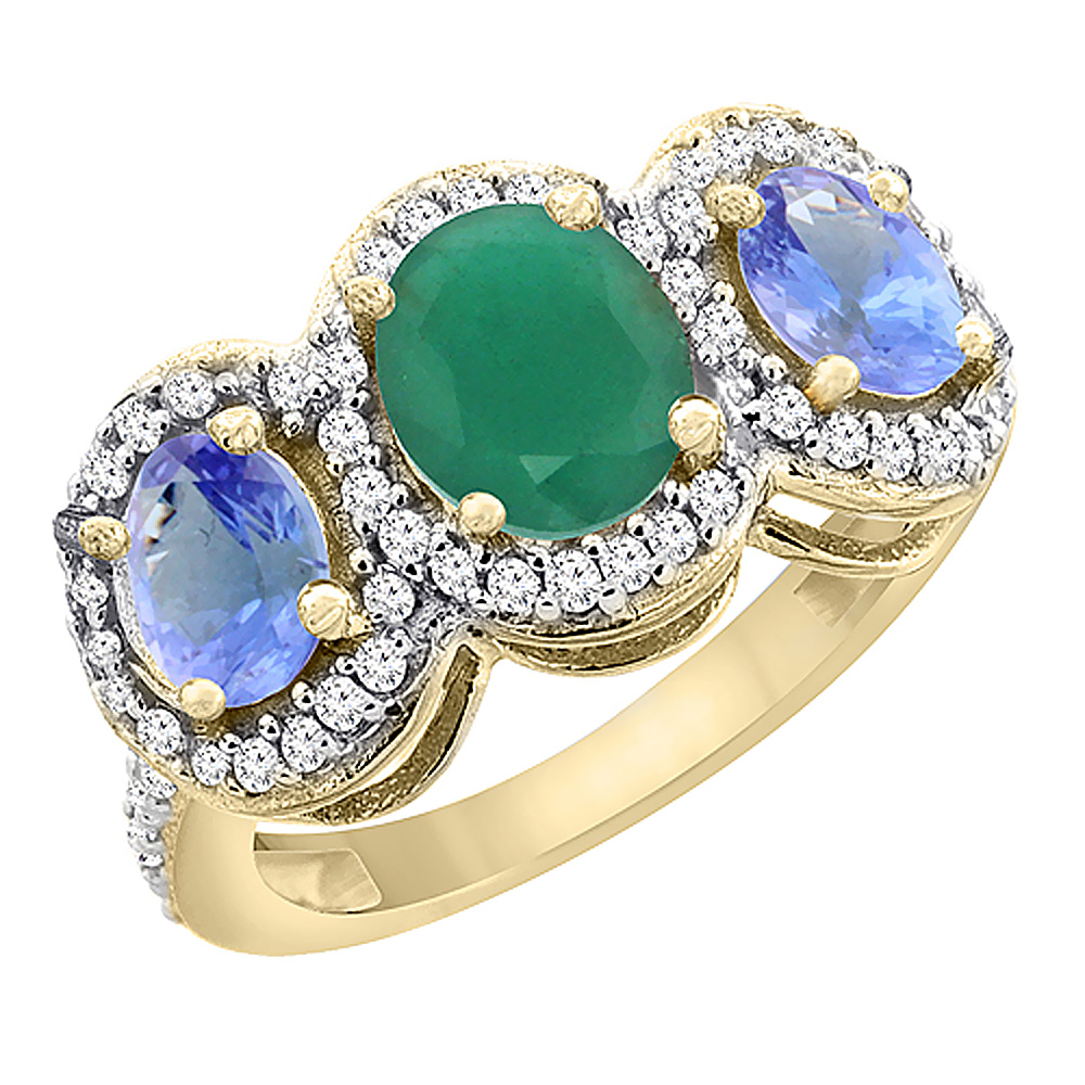 14K Yellow Gold Natural Quality Emerald & Tanzanite 3-stone Mothers Ring Oval Diamond Accent, size 5 - 10