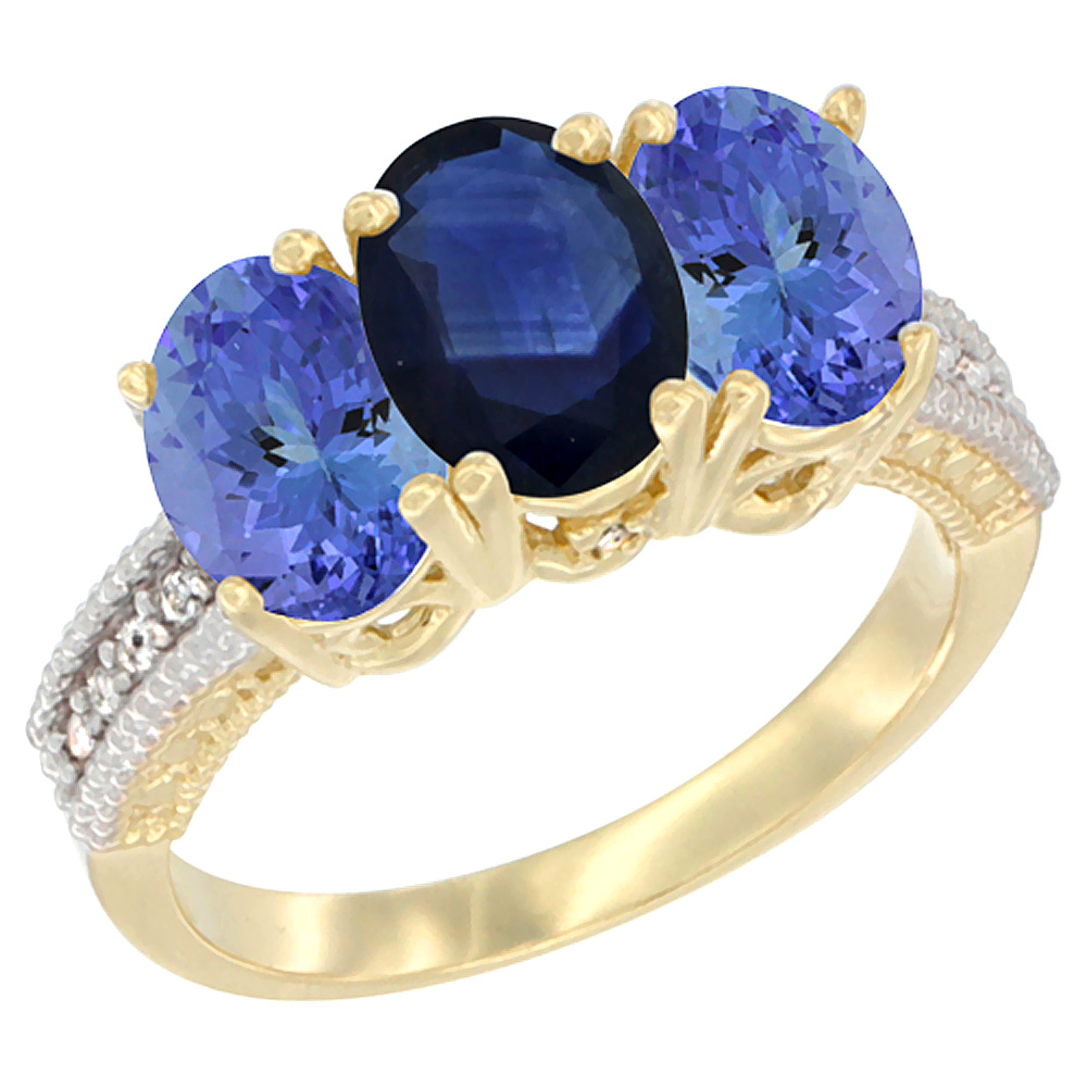 14K Yellow Gold Natural Blue Sapphire Ring with Tanzanite 3-Stone 7x5 mm Oval Diamond Accent, sizes 5 - 10