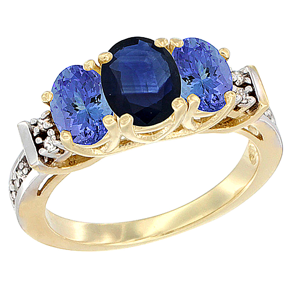 10K Yellow Gold Natural Blue Sapphire & Tanzanite Ring 3-Stone Oval Diamond Accent