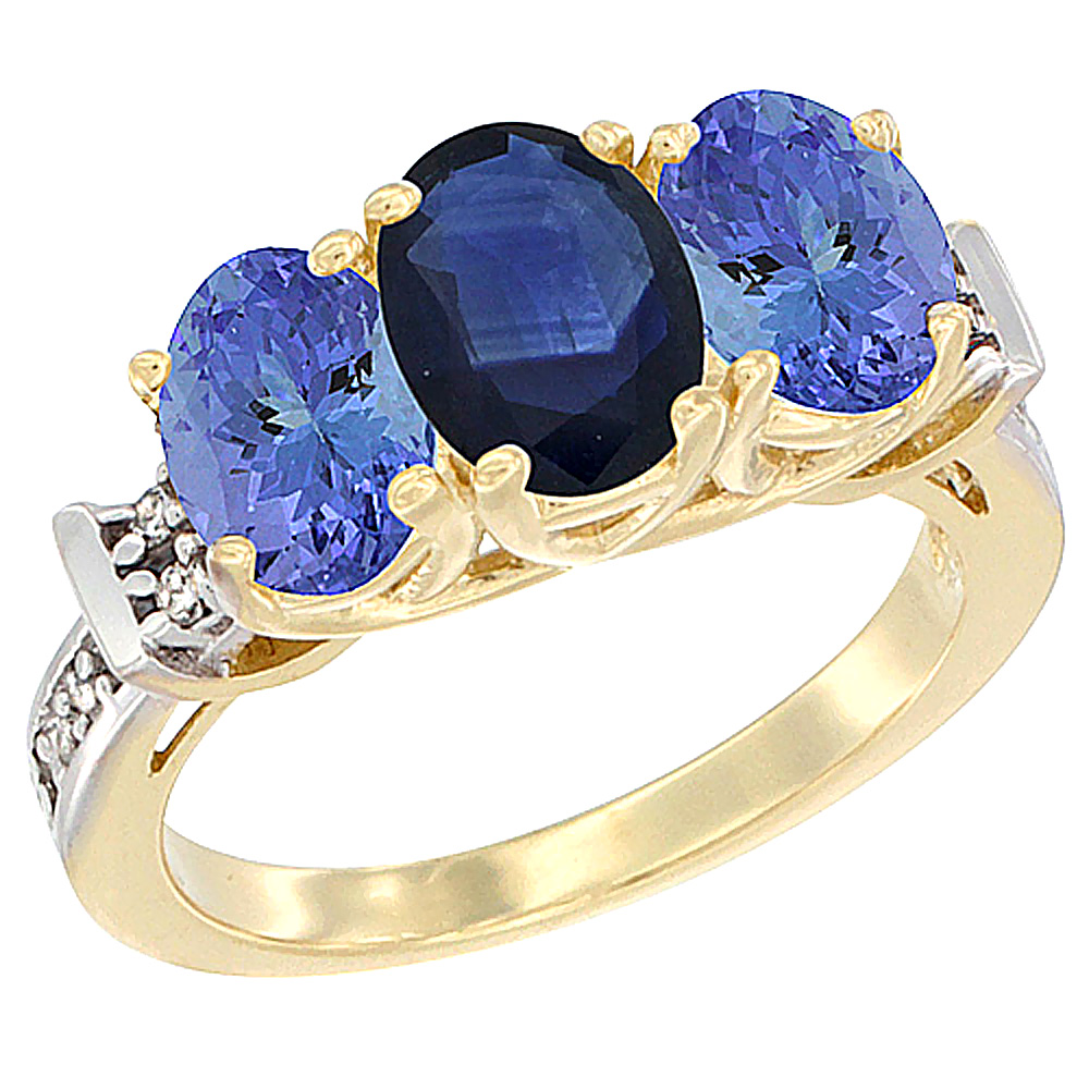 14K Yellow Gold Natural Blue Sapphire & Tanzanite Sides Ring 3-Stone Oval Diamond Accent, sizes 5 - 10