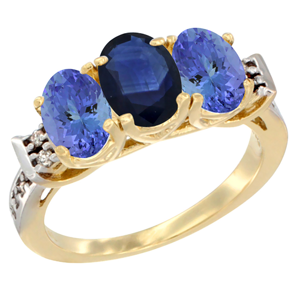 14K Yellow Gold Natural Blue Sapphire &amp; Tanzanite Ring 3-Stone 7x5 mm Oval Diamond Accent, sizes 5 - 10