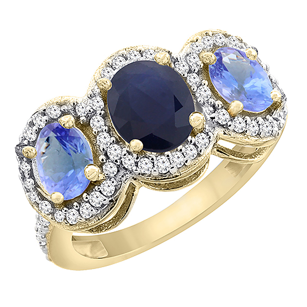 14K Yellow Gold Natural Blue Sapphire & Tanzanite 3-Stone Ring Oval Diamond Accent, sizes 5 - 10
