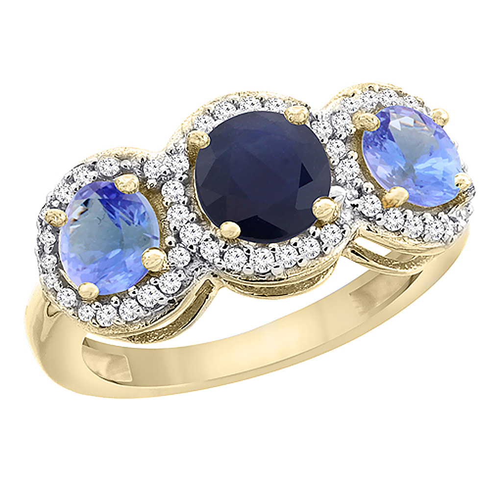 14K Yellow Gold Natural High Quality Blue Sapphire & Tanzanite Sides Round 3-stone Ring Diamond Accents, sizes 5 - 10