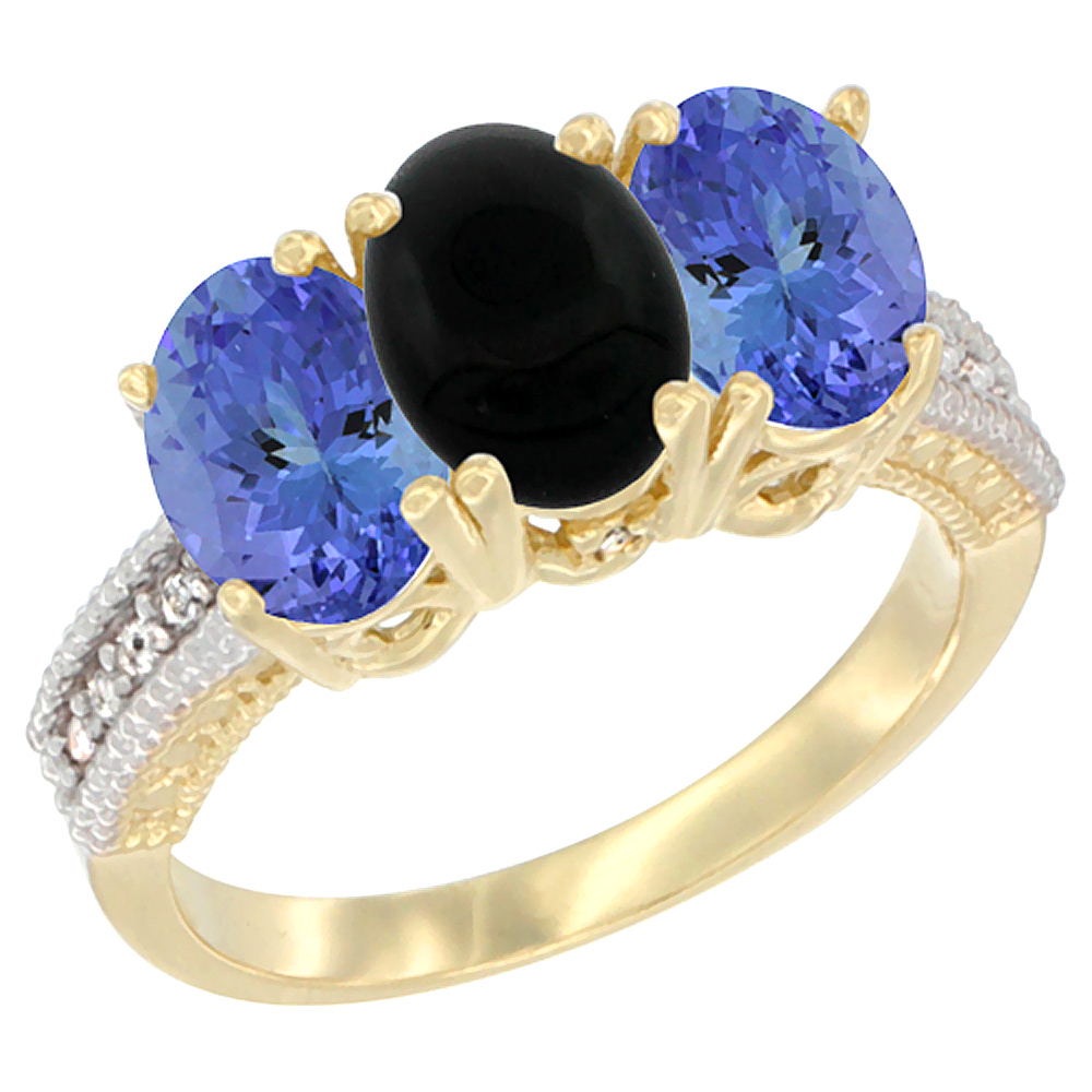 14K Yellow Gold Natural Black Onyx Ring with Tanzanite 3-Stone 7x5 mm Oval Diamond Accent, sizes 5 - 10