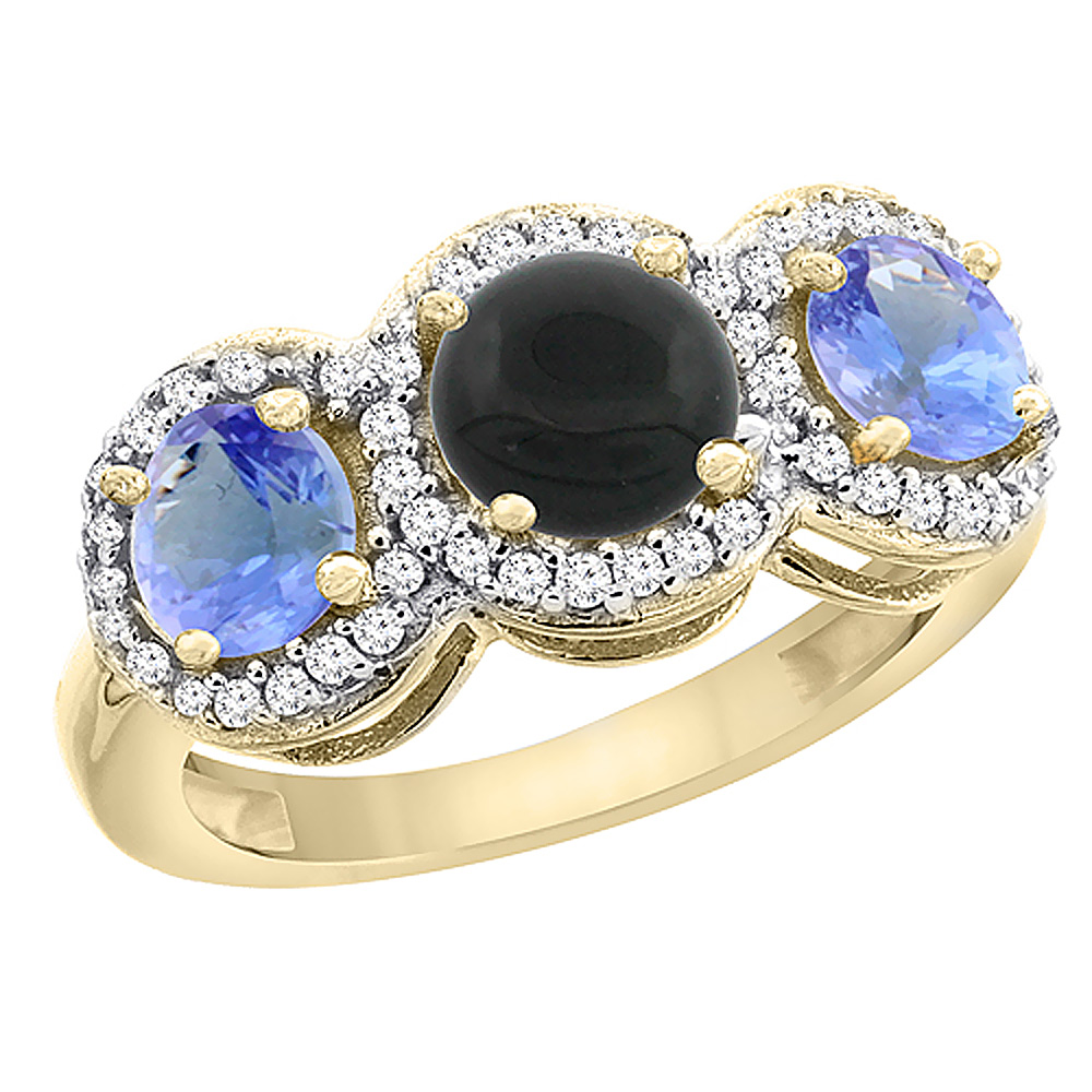 10K Yellow Gold Natural Black Onyx & Tanzanite Sides Round 3-stone Ring Diamond Accents, sizes 5 - 10