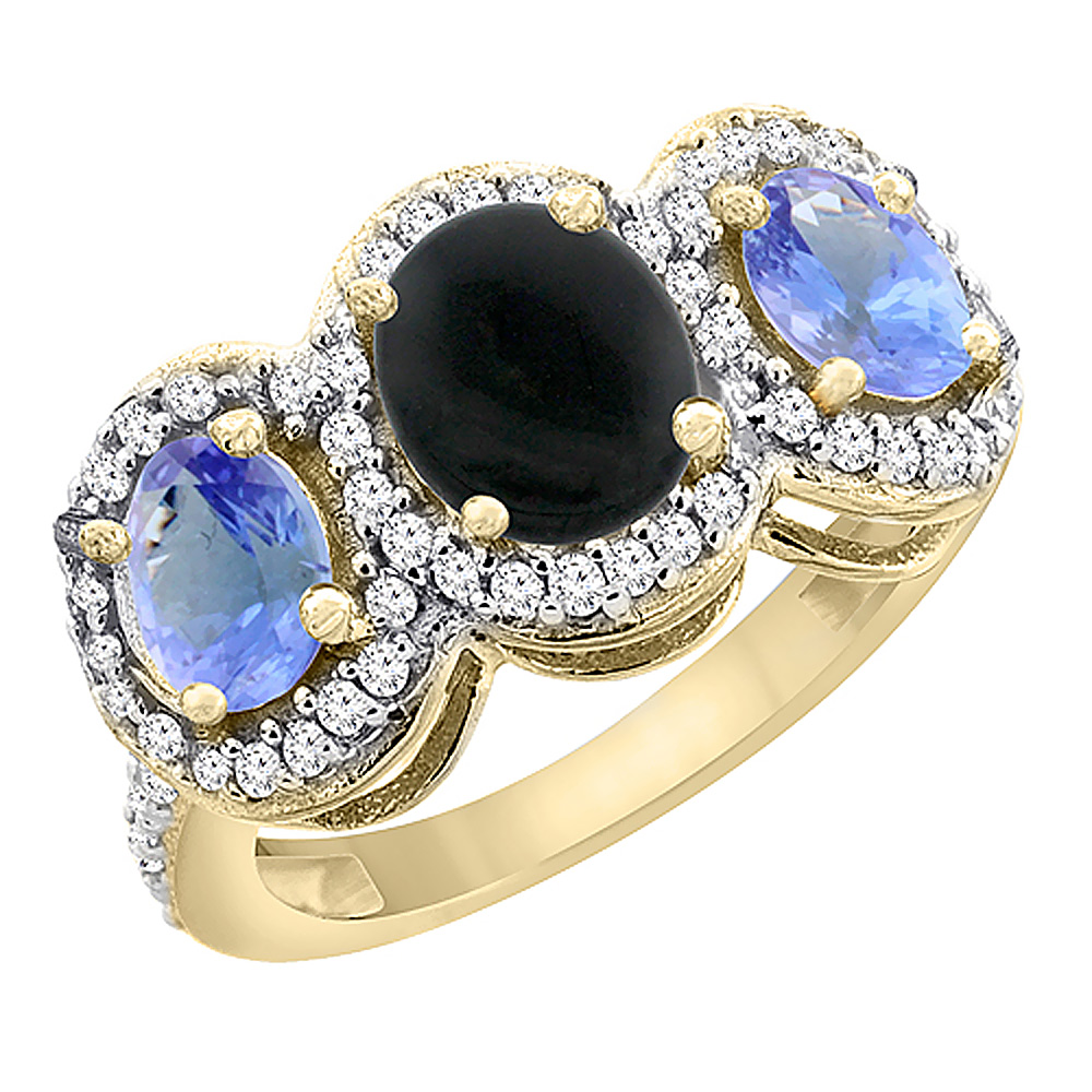 14K Yellow Gold Natural Black Onyx &amp; Tanzanite 3-Stone Ring Oval Diamond Accent, sizes 5 - 10