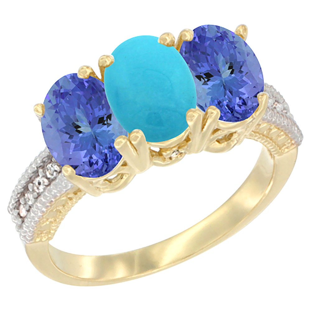 14K Yellow Gold Natural Turquoise Ring with Tanzanite 3-Stone 7x5 mm Oval Diamond Accent, sizes 5 - 10