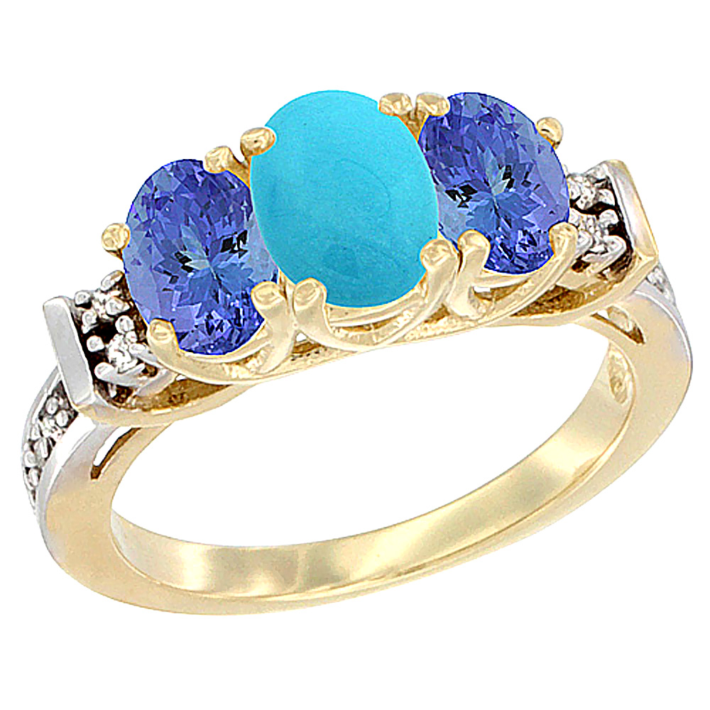 10K Yellow Gold Natural Turquoise & Tanzanite Ring 3-Stone Oval Diamond Accent