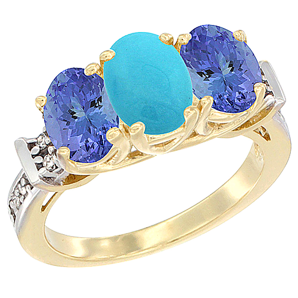 14K Yellow Gold Natural Turquoise &amp; Tanzanite Sides Ring 3-Stone Oval Diamond Accent, sizes 5 - 10