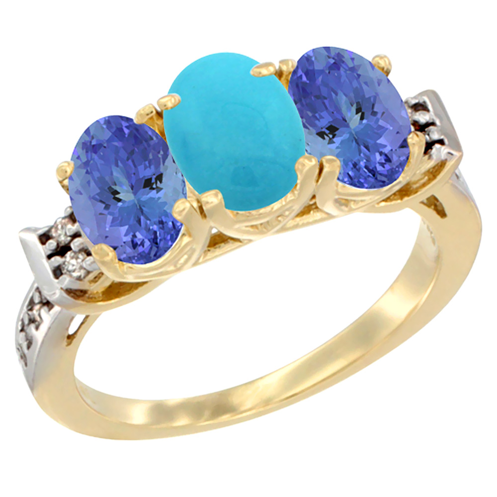 10K Yellow Gold Natural Turquoise & Tanzanite Sides Ring 3-Stone Oval 7x5 mm Diamond Accent, sizes 5 - 10