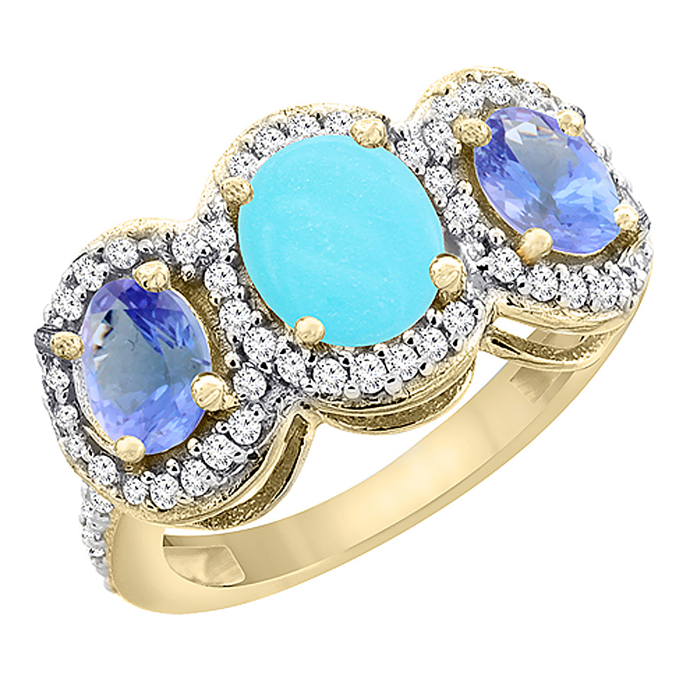 14K Yellow Gold Natural Turquoise &amp; Tanzanite 3-Stone Ring Oval Diamond Accent, sizes 5 - 10