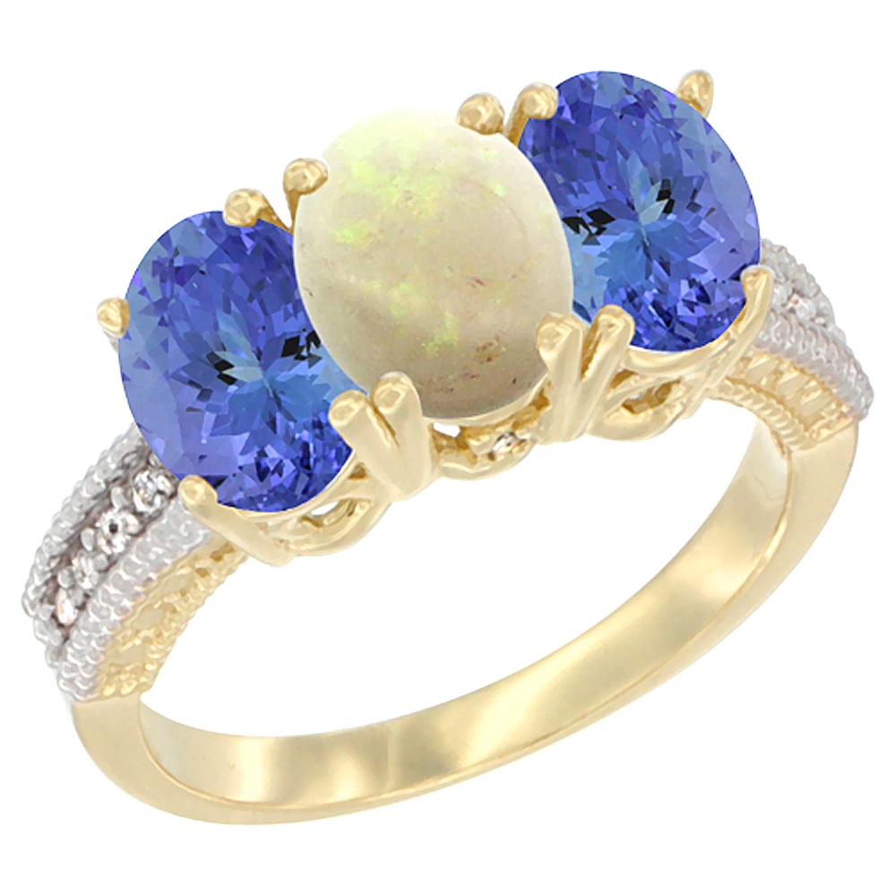 14K Yellow Gold Natural Opal Ring with Tanzanite 3-Stone 7x5 mm Oval Diamond Accent, sizes 5 - 10