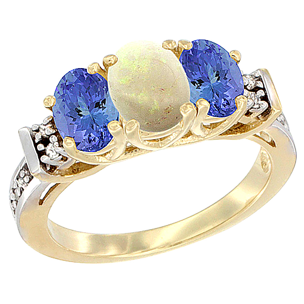 10K Yellow Gold Natural Opal &amp; Tanzanite Ring 3-Stone Oval Diamond Accent