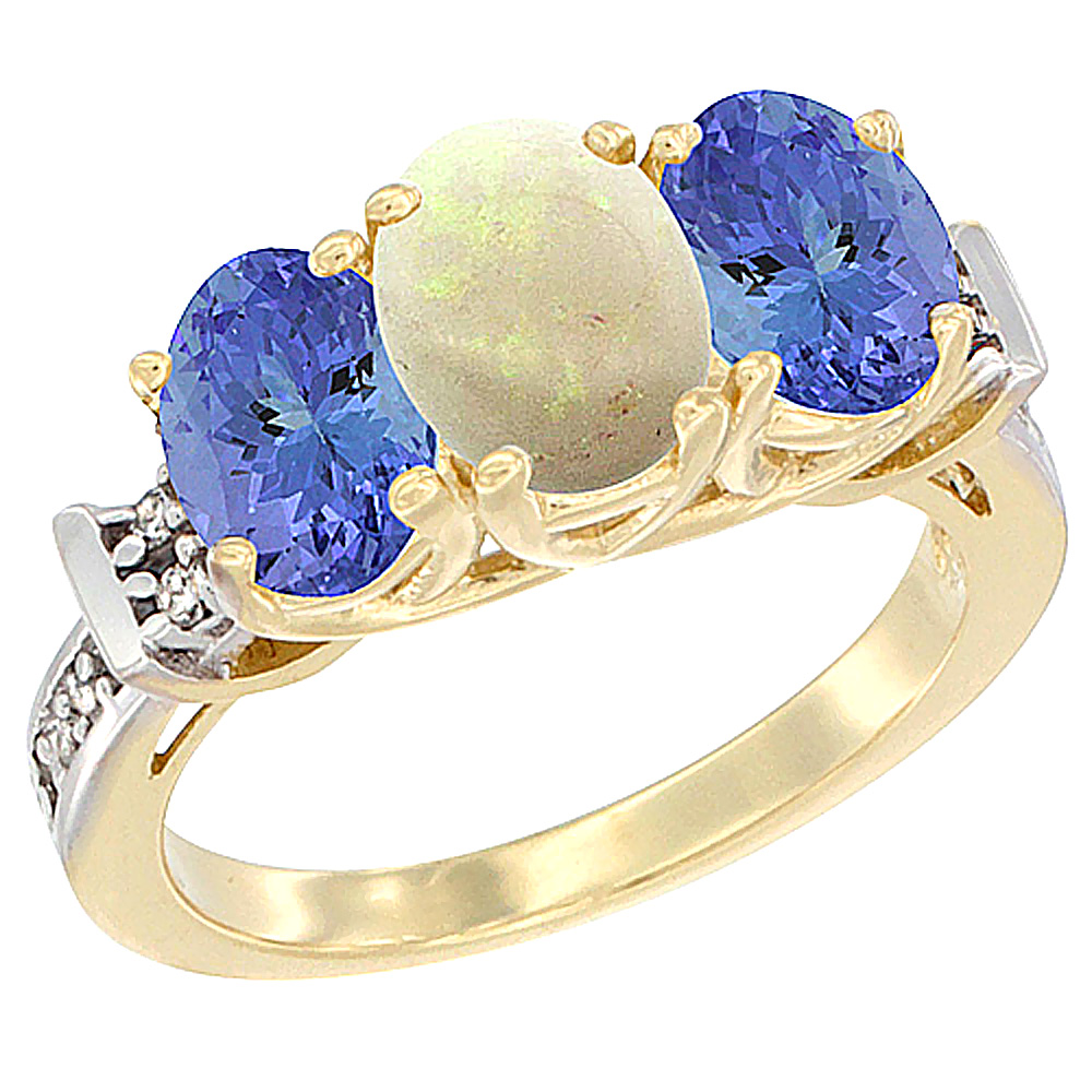 10K Yellow Gold Natural Opal & Tanzanite Sides Ring 3-Stone Oval Diamond Accent, sizes 5 - 10