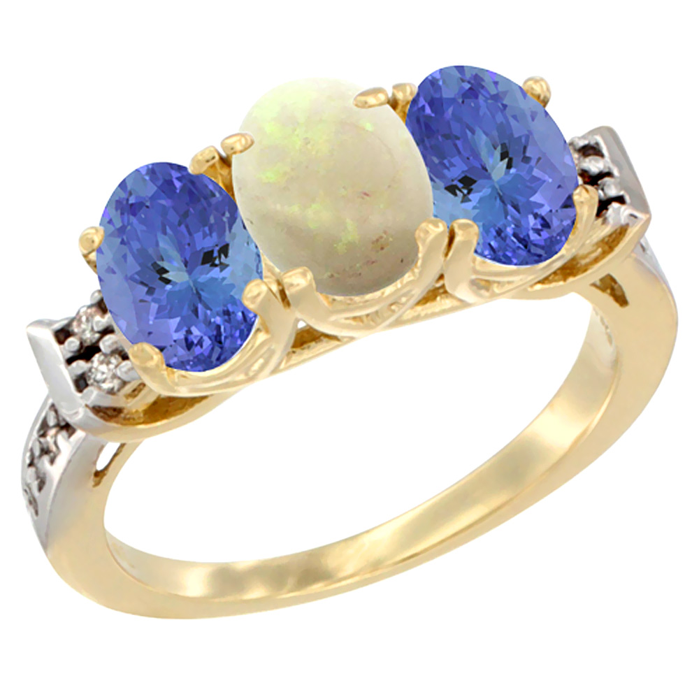 10K Yellow Gold Natural Opal & Tanzanite Sides Ring 3-Stone Oval 7x5 mm Diamond Accent, sizes 5 - 10