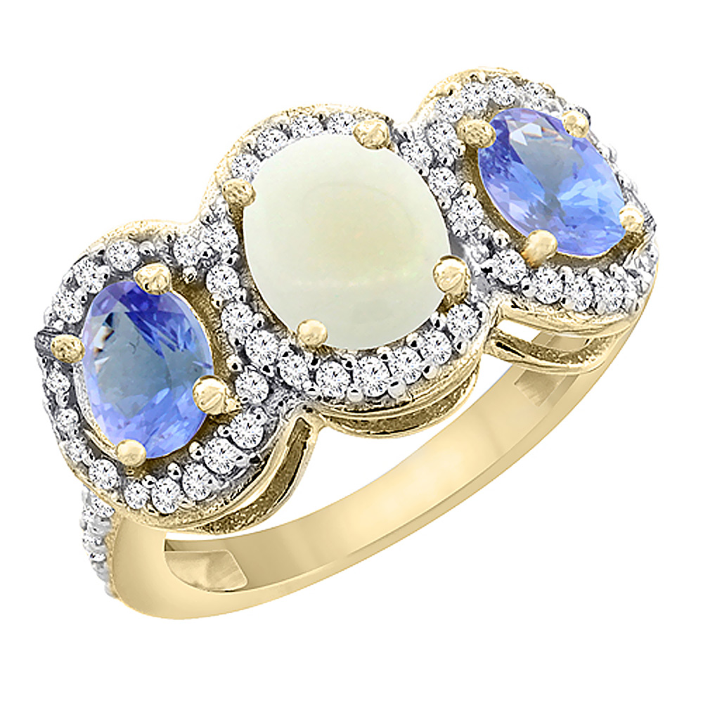 14K Yellow Gold Natural Opal &amp; Tanzanite 3-Stone Ring Oval Diamond Accent, sizes 5 - 10