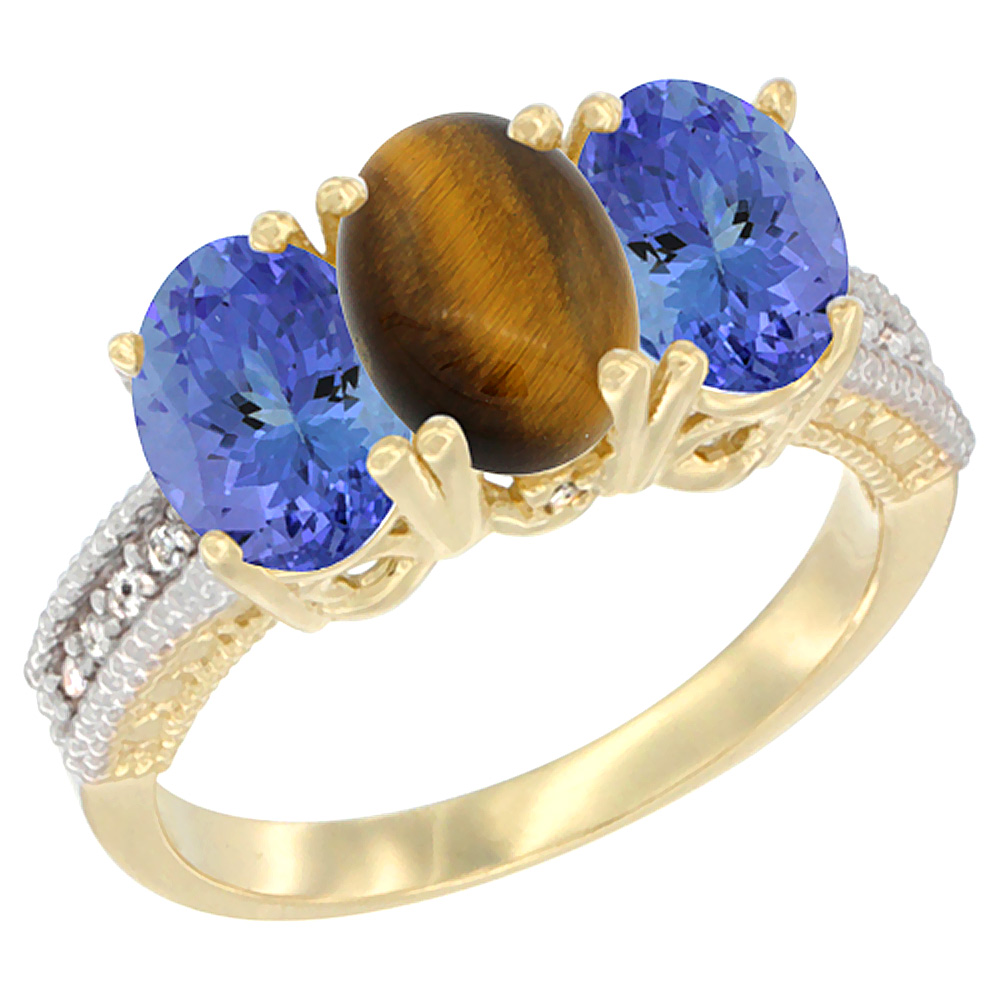 14K Yellow Gold Natural Tiger Eye Ring with Tanzanite 3-Stone 7x5 mm Oval Diamond Accent, sizes 5 - 10
