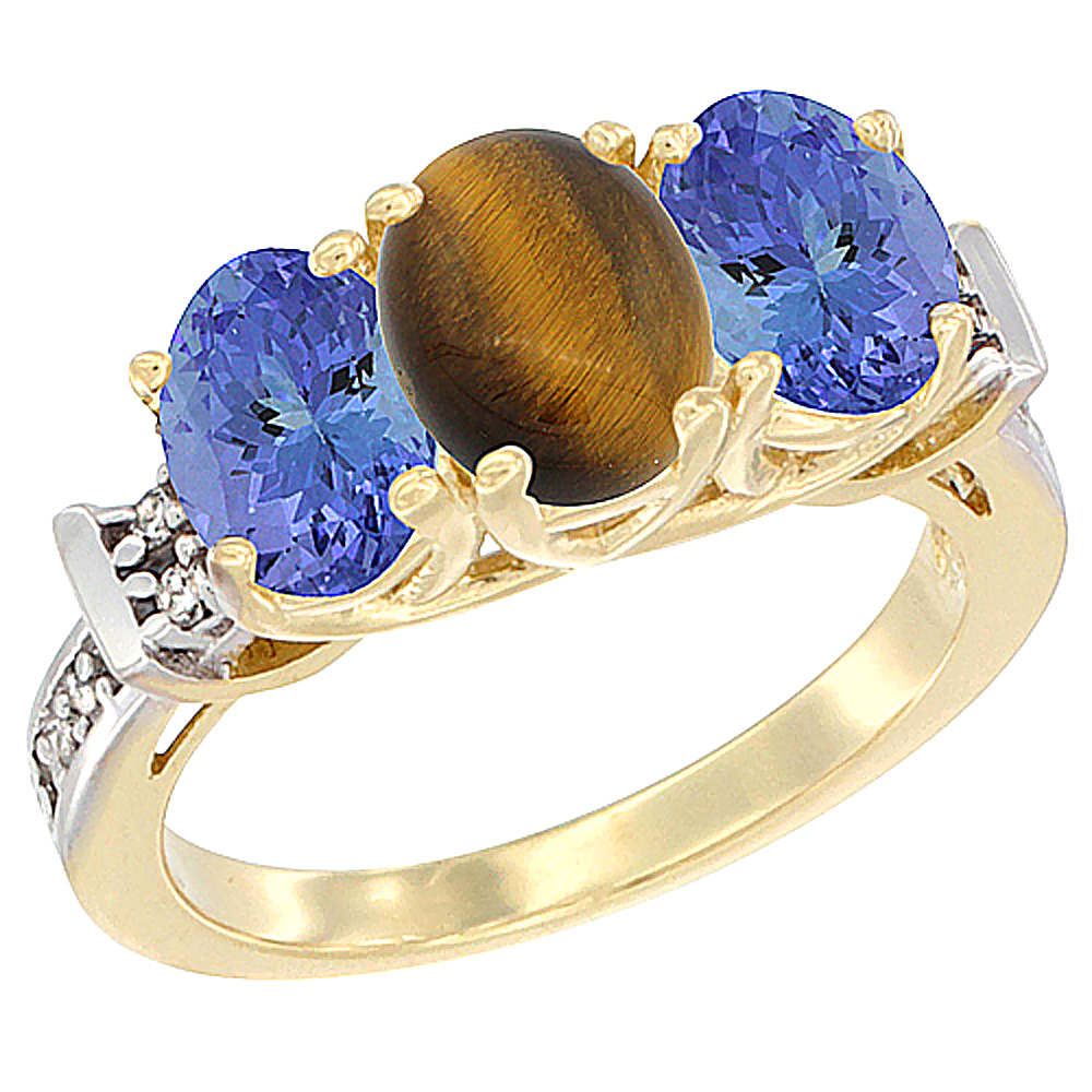 10K Yellow Gold Natural Tiger Eye & Tanzanite Sides Ring 3-Stone Oval Diamond Accent, sizes 5 - 10