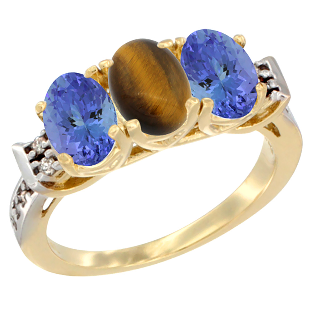 10K Yellow Gold Natural Tiger Eye & Tanzanite Sides Ring 3-Stone Oval 7x5 mm Diamond Accent, sizes 5 - 10