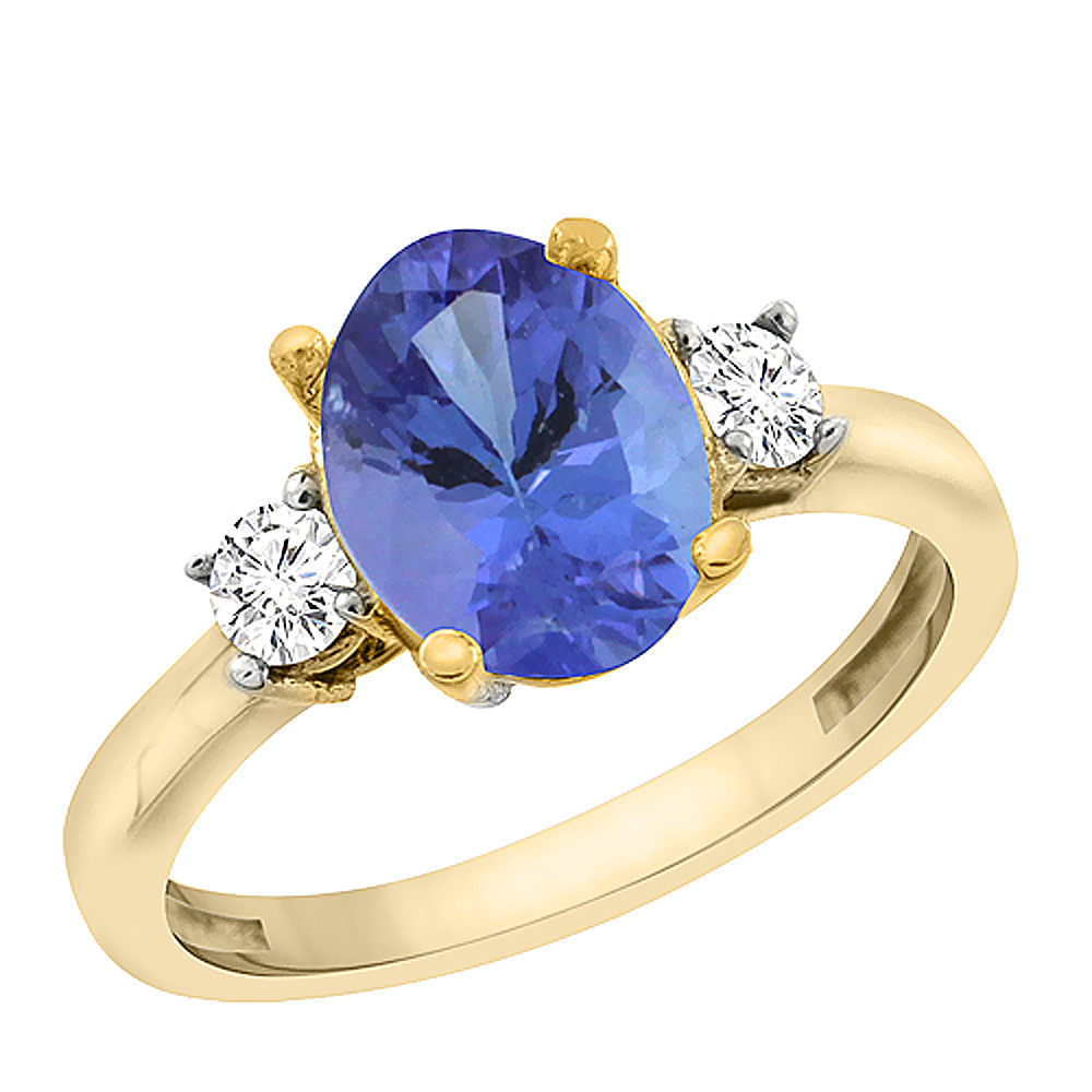 14K Yellow Gold Natural Tanzanite Engagement Ring Oval 10x8 mm Diamond Sides, sizes 5 - 10