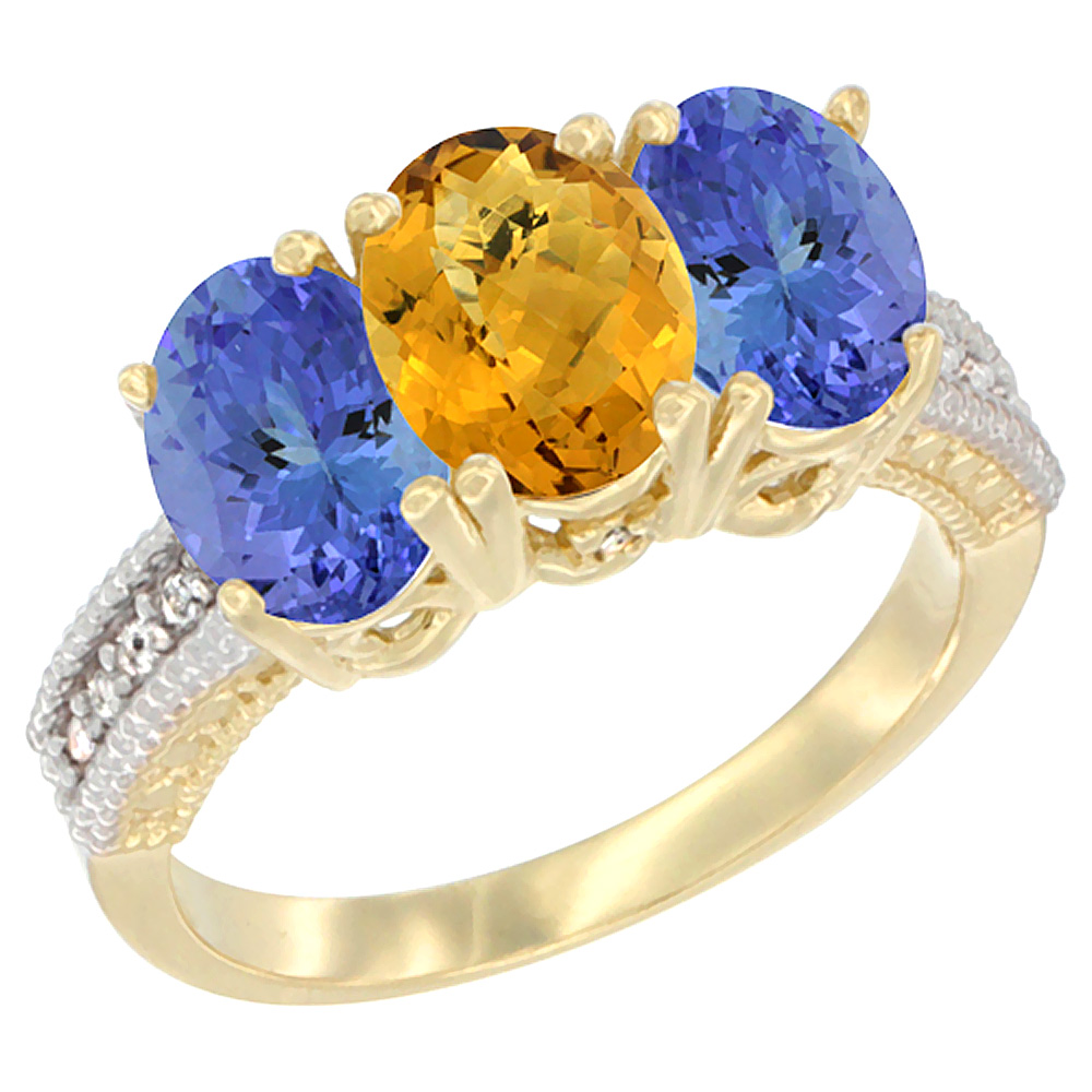 14K Yellow Gold Natural Whisky Quartz Ring with Tanzanite 3-Stone 7x5 mm Oval Diamond Accent, sizes 5 - 10