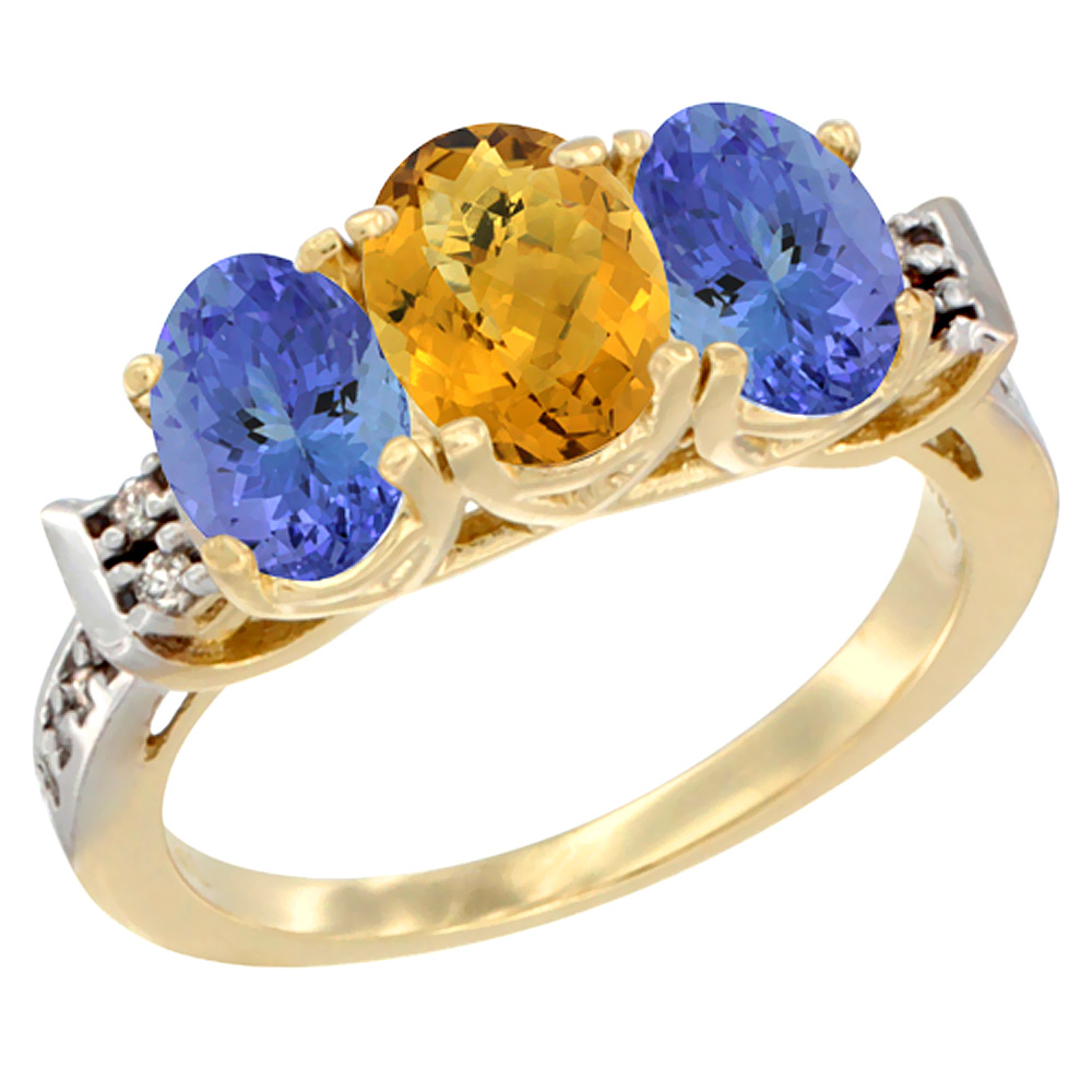 10K Yellow Gold Natural Whisky Quartz &amp; Tanzanite Sides Ring 3-Stone Oval 7x5 mm Diamond Accent, sizes 5 - 10
