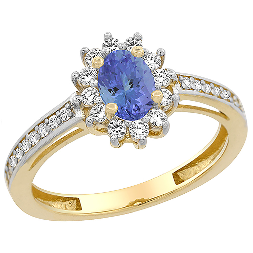 10K Yellow Gold Natural Tanzanite Flower Halo Ring Oval 6x4 mm Diamond Accents, sizes 5 - 10