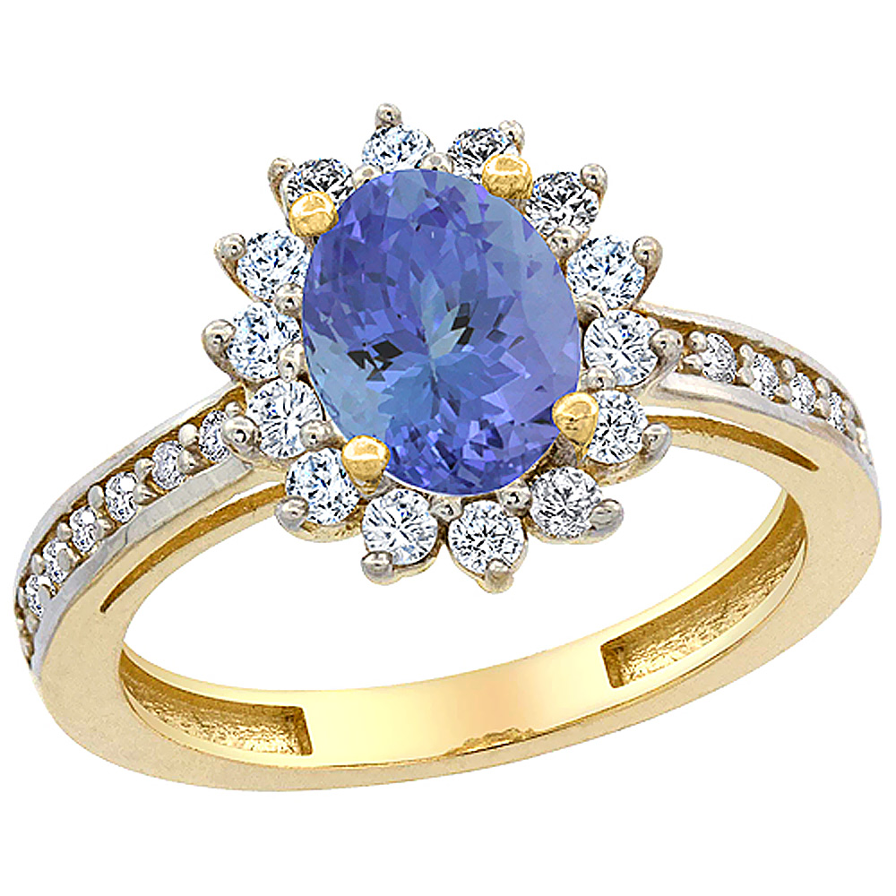 10K Yellow Gold Natural Tanzanite Floral Halo Ring Oval 8x6mm Diamond Accents, sizes 5 - 10