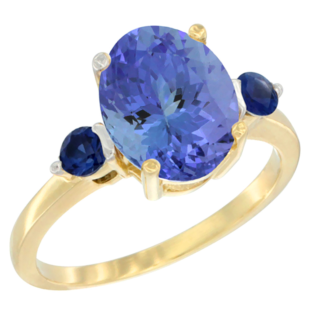 14K Yellow Gold 10x8mm Oval Natural Tanzanite Ring for Women Blue Sapphire Side-stones sizes 5 - 10