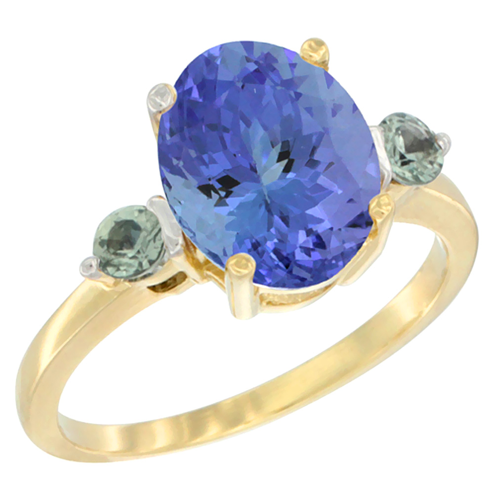 14K Yellow Gold 10x8mm Oval Natural Tanzanite Ring for Women Green Sapphire Side-stones sizes 5 - 10