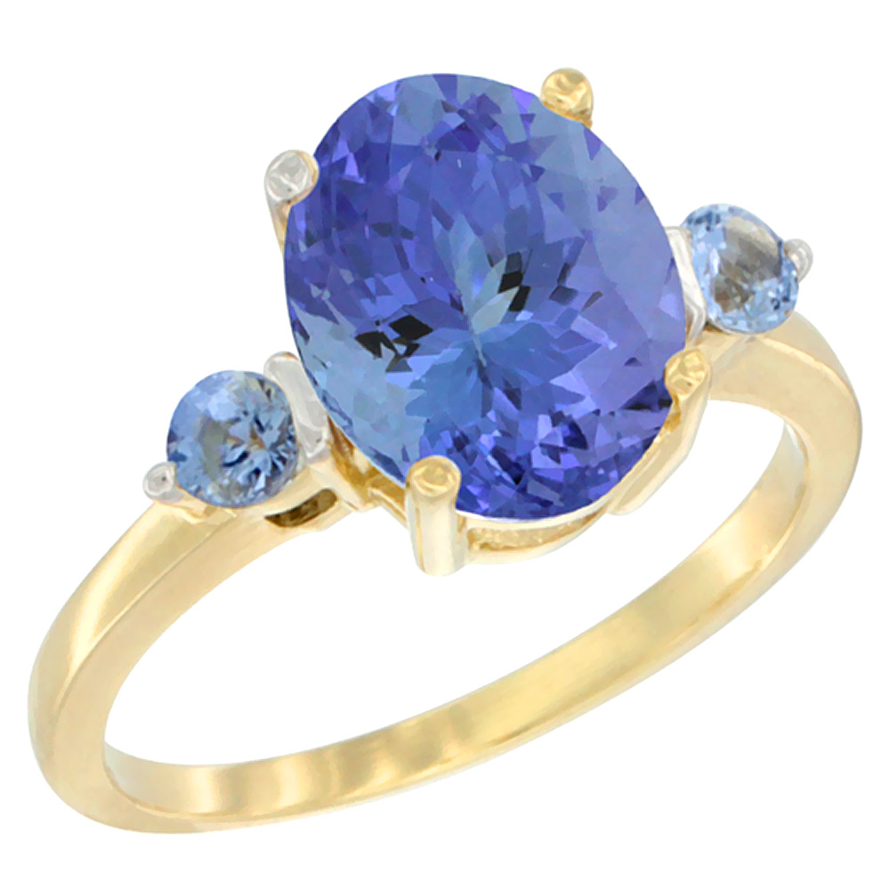 10K Yellow Gold 10x8mm Oval Natural Tanzanite Ring for Women Light Blue Sapphire Side-stones sizes 5 - 10